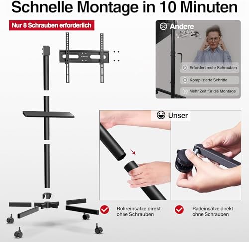 AOKCOS TV Ständer Rollbar für 32-65 Zoll Fernseher, TV Wagen mit Tablett, Fernsehständer Höhenverstellbar, Mobiler TV Standfuss mit Rollen, TV Rollwagen bis 40kg, Max. VESA 400x400mm (Schwarz)