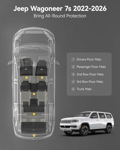 Image of 3W Floor Mats & Cargo Liner for Jeep Wagoneer 2022-2026 /Grand Wagoneer 2026 7-Seat (NOT for 8-Seat /L /S),with 2nd Row Bench Seat All Weather TPE Full Set Automotive Mat Car Liners Accessories, Black