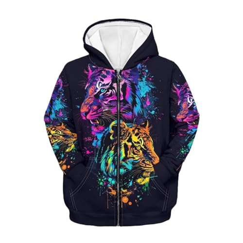 Printpub Sweat à capuche zippé Y2k avec motif animal mignon pour garçons, Tigre fluo, 11-13 ans
