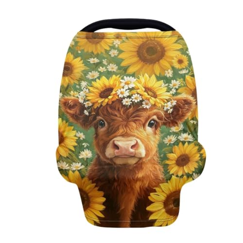 Image of Wanyint Stretchy Baby Car Seat Cover Nursing Breastfeeding Shopping Cart High Chair Stroller Covers Infinity Scarf Car Seat Canopies, Highland Cow Sunflower Green