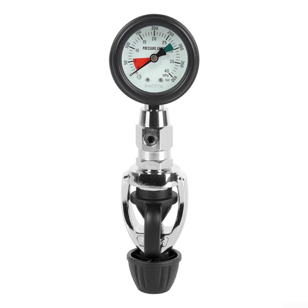 Manomètre pour cylindres de plongée avec fixation YOKE, lumineux pour une utilisation dans l'obscurité, construction en laiton et plage de mesure de 0 à 300 bar (type bouton)