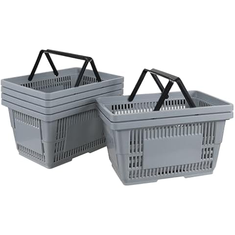 Ortodayes 6-Pack Grey Shopping Baskets with Handles, Plastic Grocery Shopping Basket, 28 Liters Cover