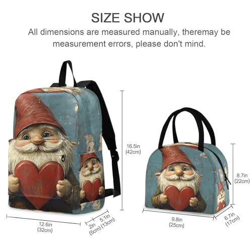 Gnome Valentines Print Backpack Set with Lunch Bag, Large Capacity Travel Backpacks and Lunch Box Insulated for Commute Hiking Picnic2