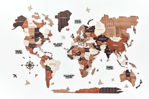 KPSKE 3D Wooden World Map for Wall - Wall Accent Map with Ocean Names, Boats, Compass and More - Wood Travel Map with 50 Pins (Natural)