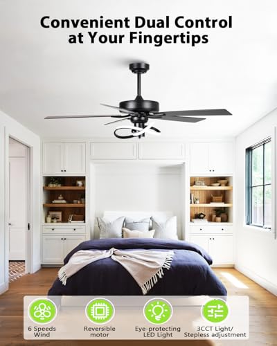 Image of 52 Inch Ceiling Fans with Lights and Remote - Creative Black Modern Ceiling Fan, 3CCT, 6 Speeds, Quiet, Dual-Sided Reversible 5 Blades Indoor Outdoor Chandelier Fan for Bedroom Living Room