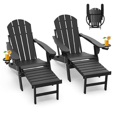 GREENVINES Adirondack-Chairs-with-Ottoman | Set of 2 | Folding | Retractable-Footrest | HDPE Plastic | All Weather Fire Pit Chair | Cup Holders | Black | for Outdoor Poolside