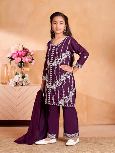 Image of Aarika Girls Ethnic Wear Purple Colour Thread Embroidery Kurti Pant Set With Dupatta