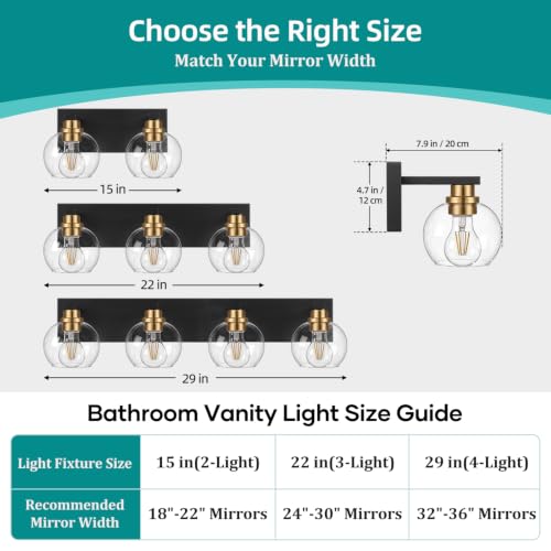Bathroom Light Fixtures, 3-Light 22 Inch Black and Gold Bathroom Vanity Light, Modern Wall Sconces with Clear Glass Globe Shades, Vanity Lighting Fixtures Over Mirror, E26 Socket (Bulbs Not Included) by NGVAA - Used condition - Image 6