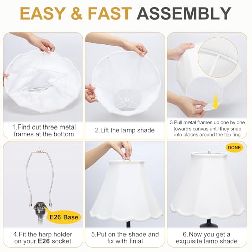 Scalloped Lamp Shades Set of 2, White Lamp Shade with Petal Edge Braid, 6.1\"Top x 13\"Bottom x 9.6\"High, Bell Lamp Shades for Table Lamps Floor Lamps, Spider, Harp Holders Included, Easy Assembly - Thumbnail 6