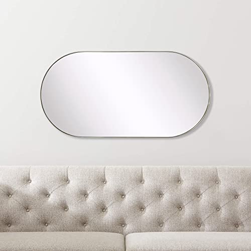 Image of TEHOME Brushed Nickel Oval Bathroom Mirror 20x40'' Pill Shaped Oblong Vanity Mirror Metal Framed Capsule Mirror for Wall in Stainless Steel Rounded Rectangular Mirrors for Wall Mounted