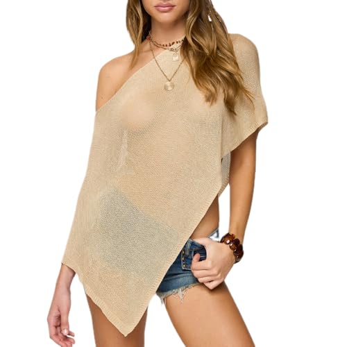 Women Sheer Knit Poncho Y2K Lightweight Asymmetric Shrug Bolero Cover Up Tops Trendy See Through Pullover Sweaters