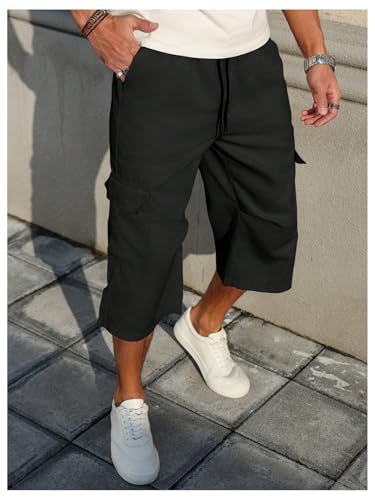 GORGLITTER Men's Baggy Capri Pants Drawstring Waist Straight Leg Flap Pocket Cargo Pants Streetwear4