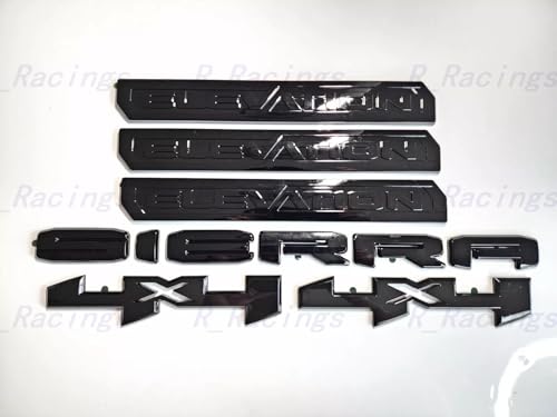 Image of 6Pcs Sierra Elevation 4x4 Emblem 3D Rear Tailgate Door Badge Nameplate Letter Sticker Decal Replacement for 2019-2022 Sierra 1500 2500HD 3500HD (Overlay Emblem Gloss Black)