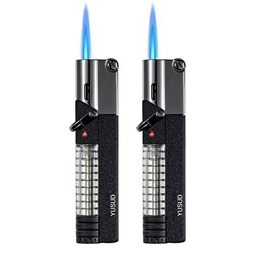 YUSUD Torch Lighter, Butane Fuel Refillable, 2 Pack Jet Lighter with Visible Gas, Lockable Flame, Windproof Lighters, Unique Gifts for Men, Women