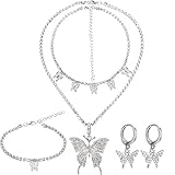 Hicarer Big Butterfly Pendant Necklace Rhinestone Chain Shiny Crystal Choker Pendant Collar Necklace and Butterfly Bracelet Butterfly Earrings Jewelry for Women