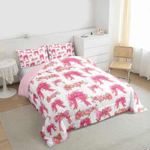 Image of Erosebridal Pink Floral Bowknot Queen Bedding Set Girly Bows Ribbons Comforter Set for Kids Teens Valentine Flowers Comforter Bow Tie Princess Duvet Insert
