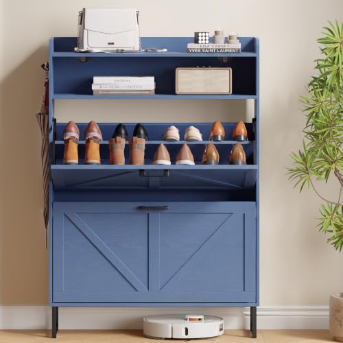 Image of Xixini Shoe Storage Cabinet with 2 Flip Drawers, Entryway Shoe Rack, Blue