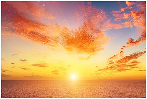 Wallario Glasbild Sonnenuntergang über dem Meer - rote Wolken & Blauer Himmel - 60 x 90 cm Wandbilder Glas in Premium-Qualität: Brillante Farben, freischwebende Optik