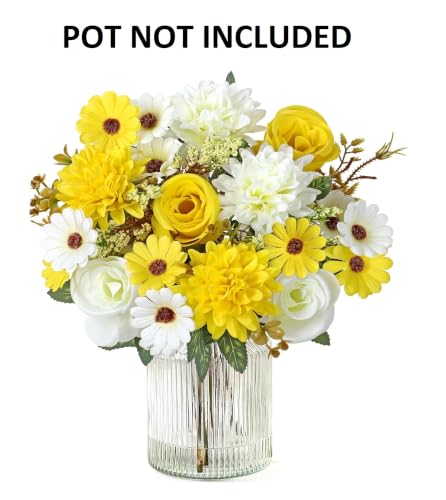 Image of Artificial Flower Bouquet for Home Decoration - 2 Pcs Faux Rose & Daisy Bouquet (Without Pot) Artificial Flowers for Living Room, Bedroom, Office, Vase Decoration (Yellow)
