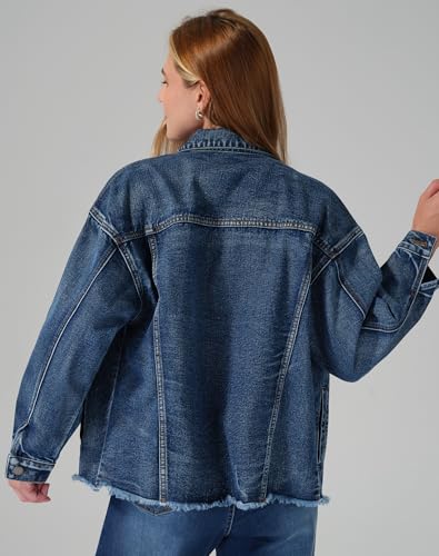roswear Women’s Jean Jackets Long Sleeves with Fringe Oversized Distressed Denim Trucker Jacket Coat3