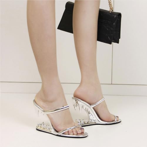 Goiphrri Wedge Sandals for Women Strappy Heels Round Open Toe Heels Metallic Shark Tiger Teeth heeled Sandals Flip Flops Thong Womens Mules Slip on Party Dress Wedding Ceremony4