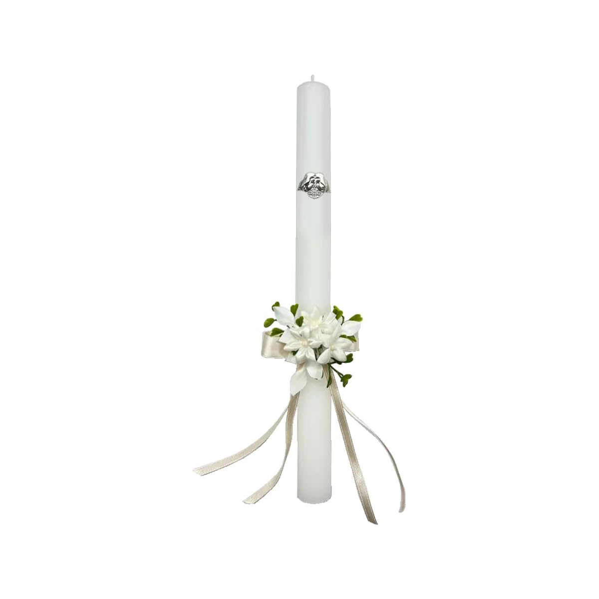 Trousse de baptême de bougie avec ruban, tissu de lin et coquillage de baptême nacre