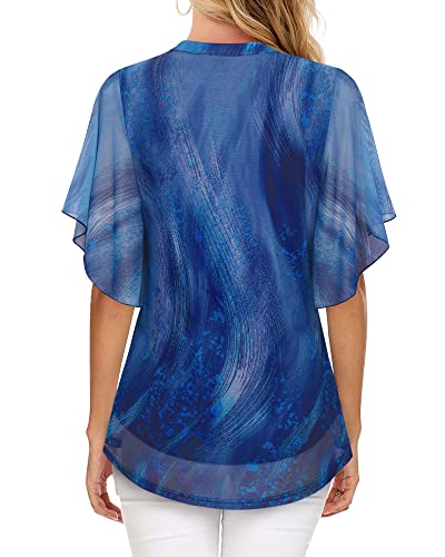 Image of Timeson Women's Short Sleeve V Neck Blouses Shirts Floral Double Layers Mesh Tunics Tops