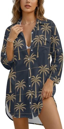 Swimsuit Cover Up for Women Button Beach Blouse Top Long Sleeve S...