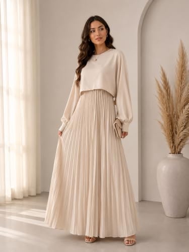 Image of LITZO Women's One Piece Dress - Georgette Solid Color Western Gown | Long Sleeve Round Neck Fit & Flare Flared Hem Design | A-Line Maxi Dress for Women | New Year Party Outfit (NO-17-18)