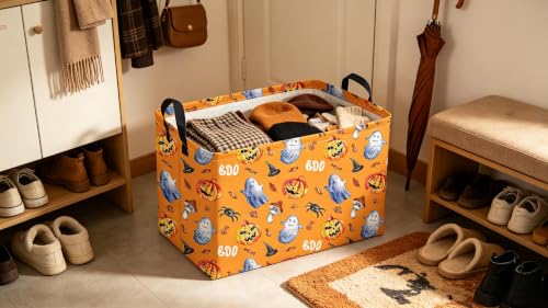Image of Sanjiaofeng Rectangular Halloween Horror Ghost Storage Basket,Terrifying and Thrilling Party Basket,Halloween Candy Storage Baskets with Handles(Scary Pumpkin)