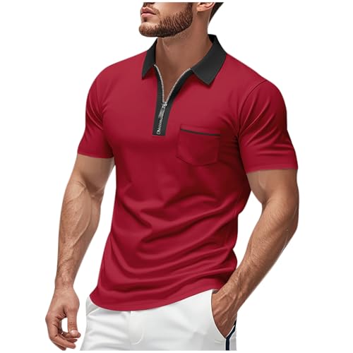 Mens Polos Shirts Short Sleeve UK Quarter Zip Golf Polos Shirts with Pocket Slim Fit Contrasting Colors Tennis T-Shirt Breathable Summer Casual Tee Tops Turn-Down Collar Pullover S-3XL Wine