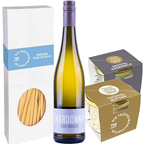 Die Trüffelmanufaktur - “Candle Light“ Trüffel 5er Set - Romantischer Abend zu zweit - Je 1 Stück: Trüffelnudeln 250g, Trüffelbutter 95g, Trüffelperle 60g, Chardonnay 2018 Weißwein trocken, Teelicht Cover
