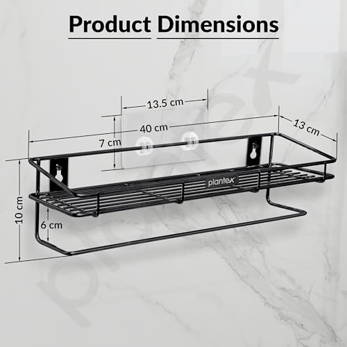 Image of Plantex Bathroom Organizer Without Drill /GI Steel Multipurpose Bathroom Shelf /Wall Mounted Storage Rack /Towel Holder /Self Adhesive Bathroom Shelf- Wall Mount (Black)