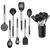 Küchenhelfer Set, Joyfair 8-teiliges Silikon Küchenutensilien Set mit Edelstahlgriff, Antihaft Hitzebeständiger Kochgeschirr Set, Kochbesteck Set mit Utensilienhalter, Gesund & Langlebig - Schwarz