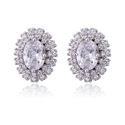 Silver Cubic Zirconia Stud Earrings - Women's 14k White Gold Plated Oval cz Crystal Rhinestone Small Halo Stud Earrings for Lady Bridal Earring Stud by AMYJANE Cover