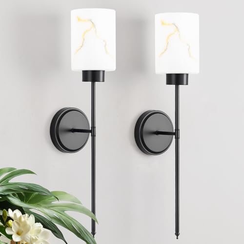 Image of Black Wall Sconces Set of 2 with Marble Glass Shade, Modern Bathroom Vanity Light Fixtures for Bedroom, Hallway, Entryway, Living Room