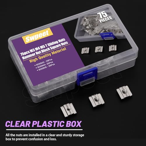 Swpeet 75pcs 3 Größen 3030 Serie M3 M4 M5 Vernickelt Kohlenstoffstahl T Gleitmuttern Sortiment Kit, Hammermutter T Schlitzmuttern für 3030 Aluminiumprofile Holzbearbeitung CNC Router Bauschiene