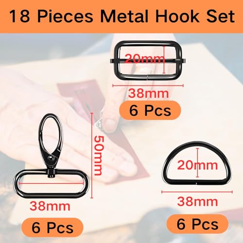 Lyivisk 18 Stück Taschenzubehör zum Nähen, D Ringe 40mm, Leiterschnallen und Karabinerhaken mit Drehgelenk, Metall-Set für DIY Handtaschen, Hundegeschirr und Schlüsselanhänger