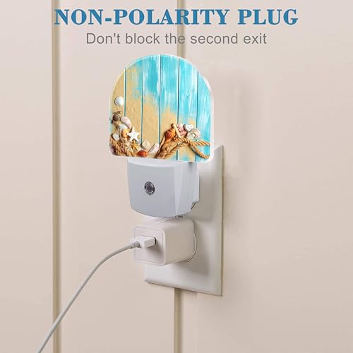 Image of Night Light Plug into Wall Shells and Blue Wooden Planks Night Light with Dusk to Dawn Sensor Night Light for Kid Girls Boys Women Men Room Decor, Hallway, Kitchen, Bathroom, Nursery, Stairs