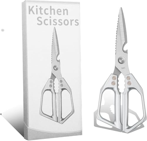 Heavy Duty Kitchen Scissors All Purpose - Professional Stainless Steel Japanese Kitchen Shears for Food Chicken Bones & Turkey | Dishwasher Safe Sharp Meat & Poultry Scissors (Silver)