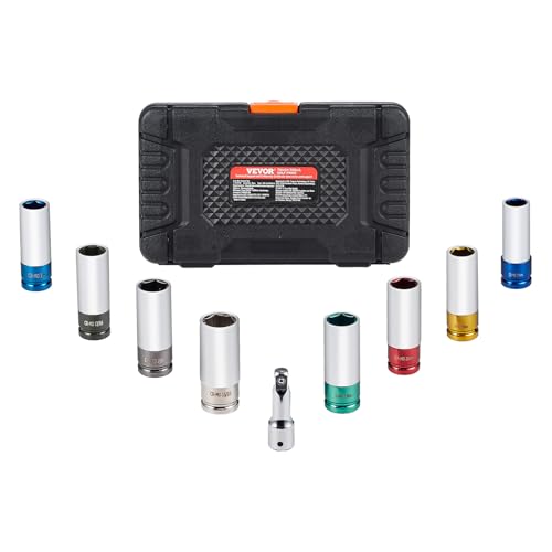 VEVOR 9-Piece Lug Nut Impact Socket Set 1/2 Inch Drive, Metric and SAE, 6-Point, CR-MO, Deep Wheel Protector Impact Socket Set With Storage Case and Extension Bar for Auto Repair