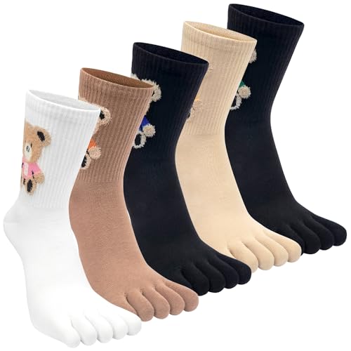 Womens toe socks cotton five finger crew socks cute cartoon stripe pattern novelty sports socks running socks