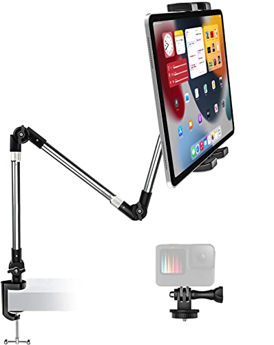 Aluminum Tablet Holder for Desk Clamp 360° iPad Mount, 35" Adjustable Arm Tablet Stand for Bed, Webcam Camera Clip for iPad Pro Air Mini, Galaxy Tab, Z Fold, Fire, Switch, iPhone, Gopro, 4-13" Devices