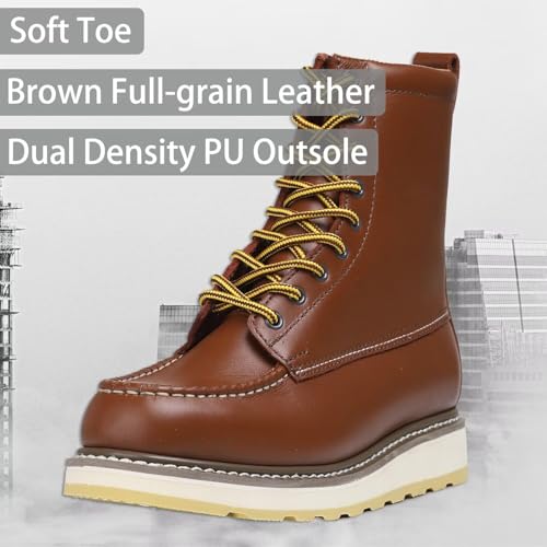 Image of Brown Men's Leather Work Boots - 4 /6 /8 Inch Composite & Soft Toe, Slip Resistant, Oil Resistant, Electrical Hazard, Mark Toe Construction Footwear