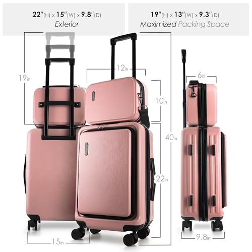 Image of 20 Inch Carry On Luggage 22x14x9 Airline Approved, Carry On Suitcase with Wheels, Hard-shell Carry-on Luggage, Durable Luggage Carry-On, Pink Small Suitcase with Cosmetic Case