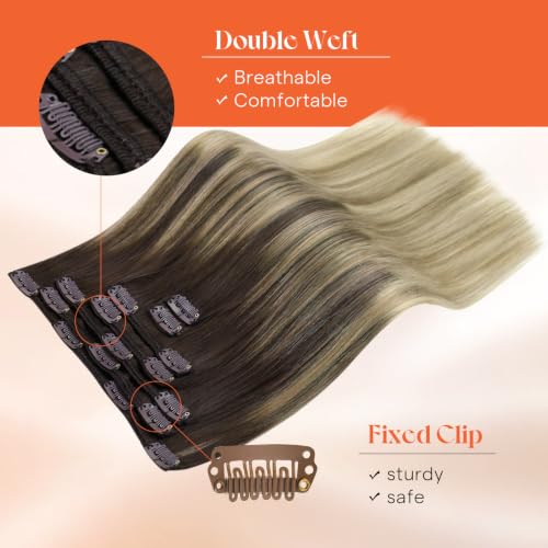 Image of Sunny Hair Clip in Hair Extensions Real Human Hair Blonde Ombre 12 Inch | Short Hair Extensions Real Human Hair Clip ins Medium Brown Ombre, Soft Layers with Natural Look for Holiday Travel 85g