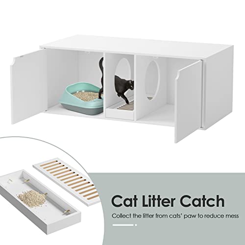 Lovinouse Hidden Cat Litter Box Enclosure Furniture, Cat Washroom With Double Room And Litter Catch, Wooden Cat House Side End Table Nightstand For Indoor (White) #TOP4