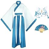 CRFASIBE Conjunto de Hanfu para mujer con Máscara y Abanico Plegable, Traje Tradicional Chino, ideal para Carnevale, Festivales, Actuaciones y Eventos Culturales (Azul)