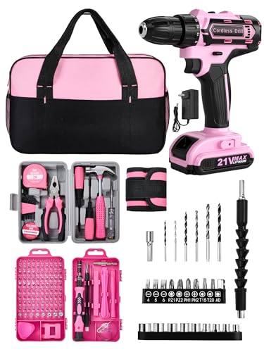 Image of HUAKAYO Pink Cordless Drill Set 150 Pcs, 21V Pink Power Drill Tool Set Kit with Storage Bag, Electric Drill Set for Women, Precision Screwdriver set, Magnetic Tool Belt, ToolBox for DIY Projects