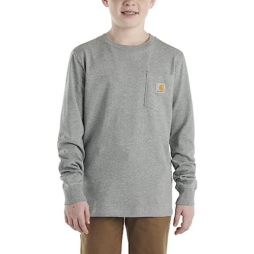 Carhartt Boys Long Sleeve Crewneck T-Shirt with Pocket, Charcoal Grey Heather, Medium (10/12)